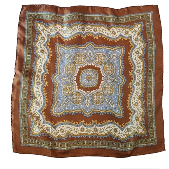 Vintage Accessories - VINTAGE Brown Blue Print Silk Scarf Hand rolled edges 20.5 x 20.5 inches square